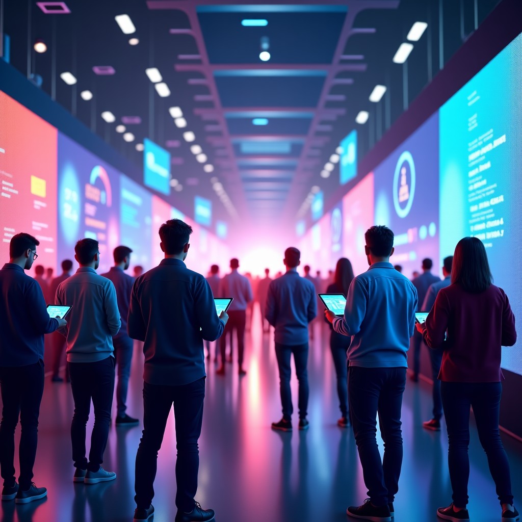 A bustling modern tech conference in New Delhi with diverse young professionals engaging with AI technology on handheld devices and large screens, vibrant city atmosphere, futuristic digital elements in the background, 4:3