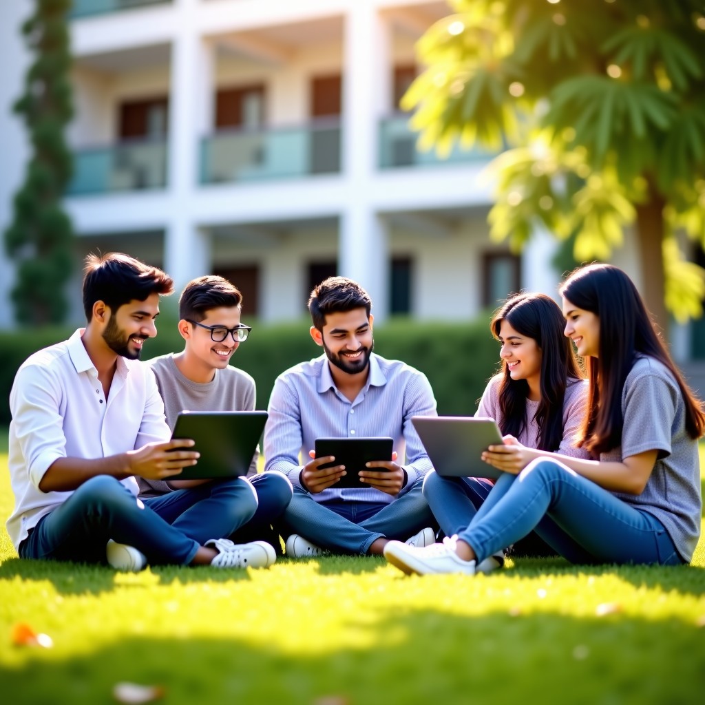 A group of Indian university students sitting on a modern campus lawn, using laptops and tablets in a collaborative learning environment. Bright daylight, high-quality photography, realistic style, 4:3