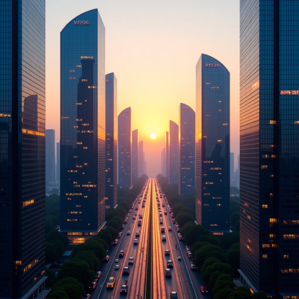 A panoramic view of a modern high-tech business district in Mumbai, India, featuring futuristic architecture with glass facades, sunset lighting, professional atmosphere, 4:3