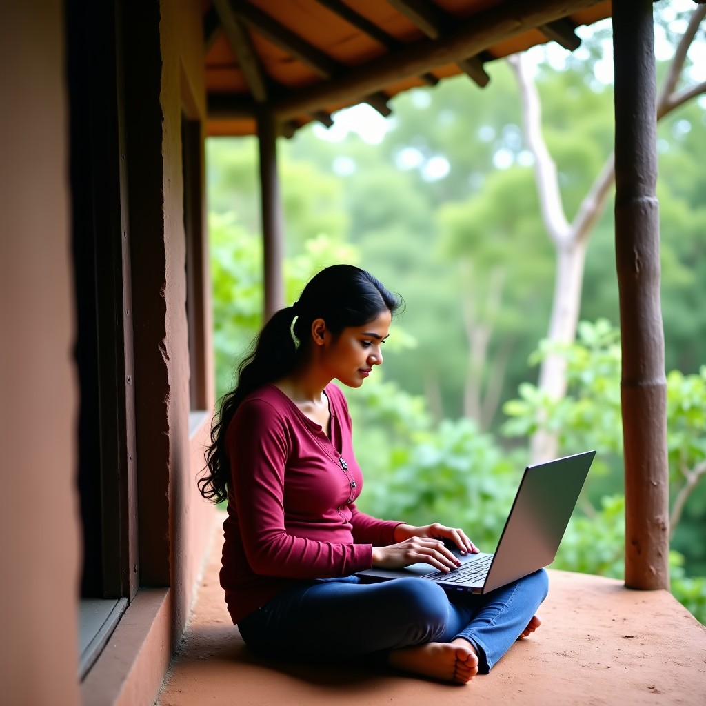 A 26-year-old Indian woman sitting on a rural house veranda, working on a laptop placed on a mud slab, dense forest in the background, realistic photography, natural lighting, 4:3