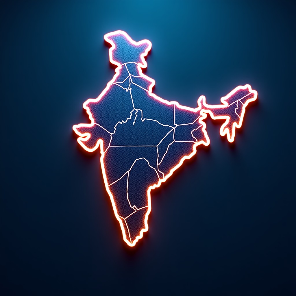 A conceptual digital illustration showing the map of India with a high-tech circuit overlay and a human face mesh representing AI. Professional blue and amber lighting, modern tech atmosphere, no text. 4:3