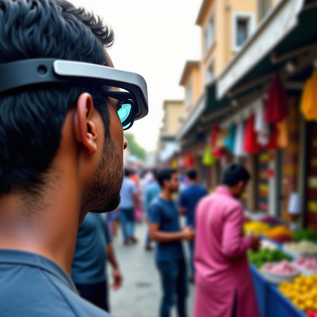 A person wearing sleek Indian-made AI smart glasses looking at a vibrant local Indian market, digital overlay showing translations and product info, natural daylight, 4:3