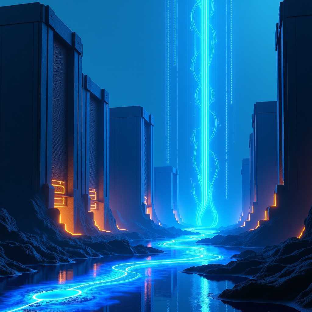 A futuristic data center landscape with traditional Indian architectural elements integrated into a modern high-tech building. Glowing blue server lights, fiber optic patterns in the air. Cinematic lighting. 4:3