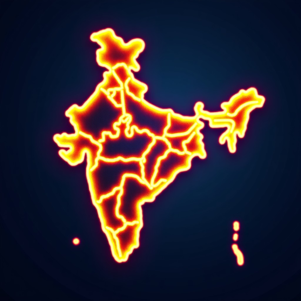 A stylized digital map of India with glowing nodes and data connection lines, dark blue background, vibrant orange and gold highlights, high tech concept, 4:3