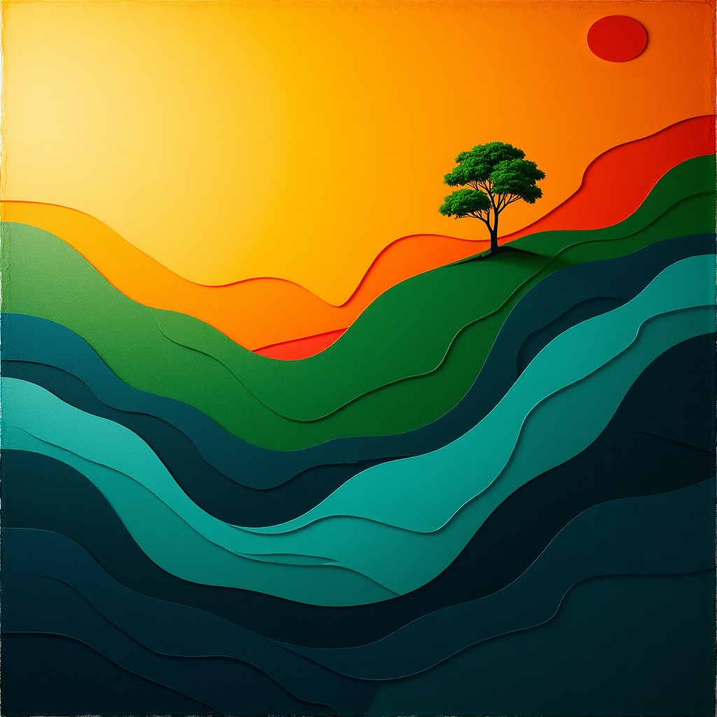 Abstract digital art representing growth and connection in India, vibrant saffron and green tones mixed with tech blue, sophisticated patterns, textured background, 4:3