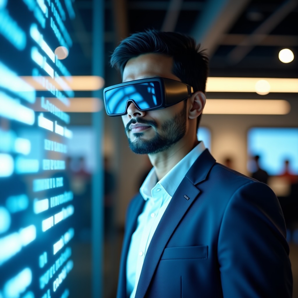 A young Indian tech innovator wearing sleek smart glasses, looking at holographic interface, modern office background, natural lighting, high-quality portrait, 4:3