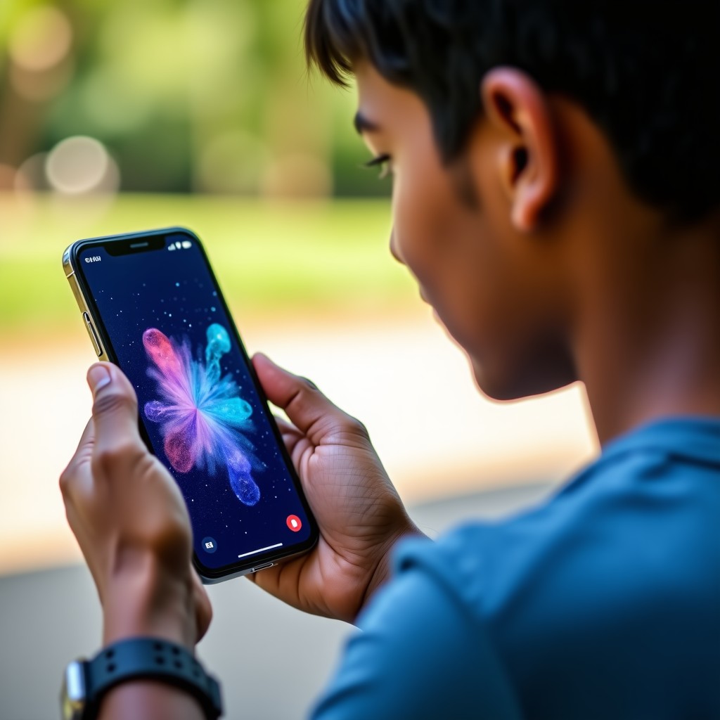 Close-up of a young Indian person using a high-end smartphone with a colorful generative AI application interface visible on the screen, natural outdoor lighting, shallow depth of field, 4:3