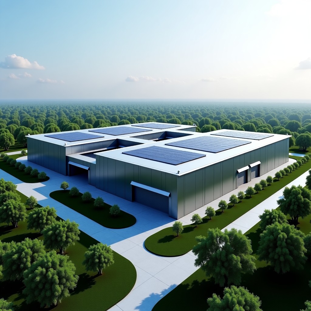 Futuristic large scale data center building in India integrated with renewable energy solar panels, sleek architectural design, lush green surroundings, high-tech cooling systems, realistic photography, 4:3