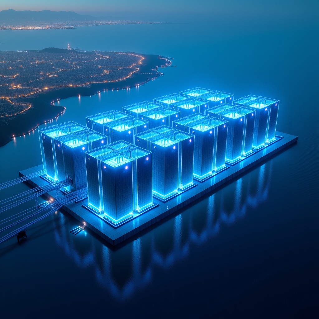 A futuristic massive data center facility located near a coastal city in India, glowing blue lights, subsea fiber optic cables connecting to the ocean, high-tech infrastructure, 4:3