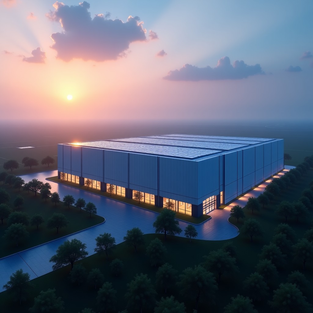 A high-tech modern data center building located in a developing industrial zone in India, integrated with large-scale solar panels on the roof and surrounding fields. Cinematic lighting, dusk atmosphere, 4:3
