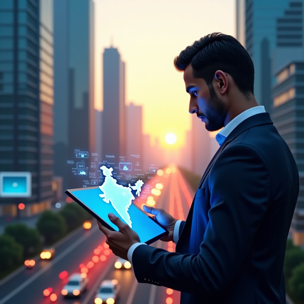 A futuristic cityscape of New Delhi with modern glass buildings. Transparent holographic data streams flowing between the buildings. A professional business person looking at a digital tablet with a map of India highlighted. Warm sunset lighting and a sense of growth and innovation. 4:3
