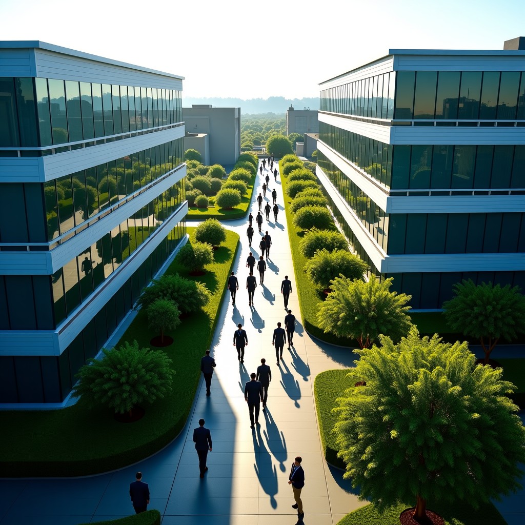 An aerial view of a modern tech park in Bangalore with sleek glass buildings and green surroundings. Busy professionals are moving between buildings. The setting is sunny and represents a thriving tech hub. 1:1