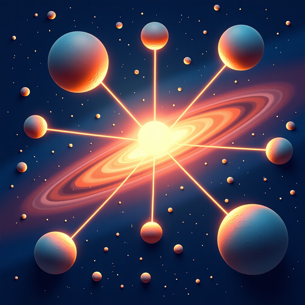 A conceptual illustration showing a network of light connecting planets and galaxies representing a universal intelligence, artistic and textured background, 4:3