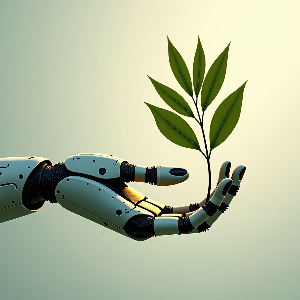 A futuristic robotic hand gently holding a green olive branch, intricate circuit patterns visible on the hand, soft artistic lighting, textured background, 4:3, NO TEXT
