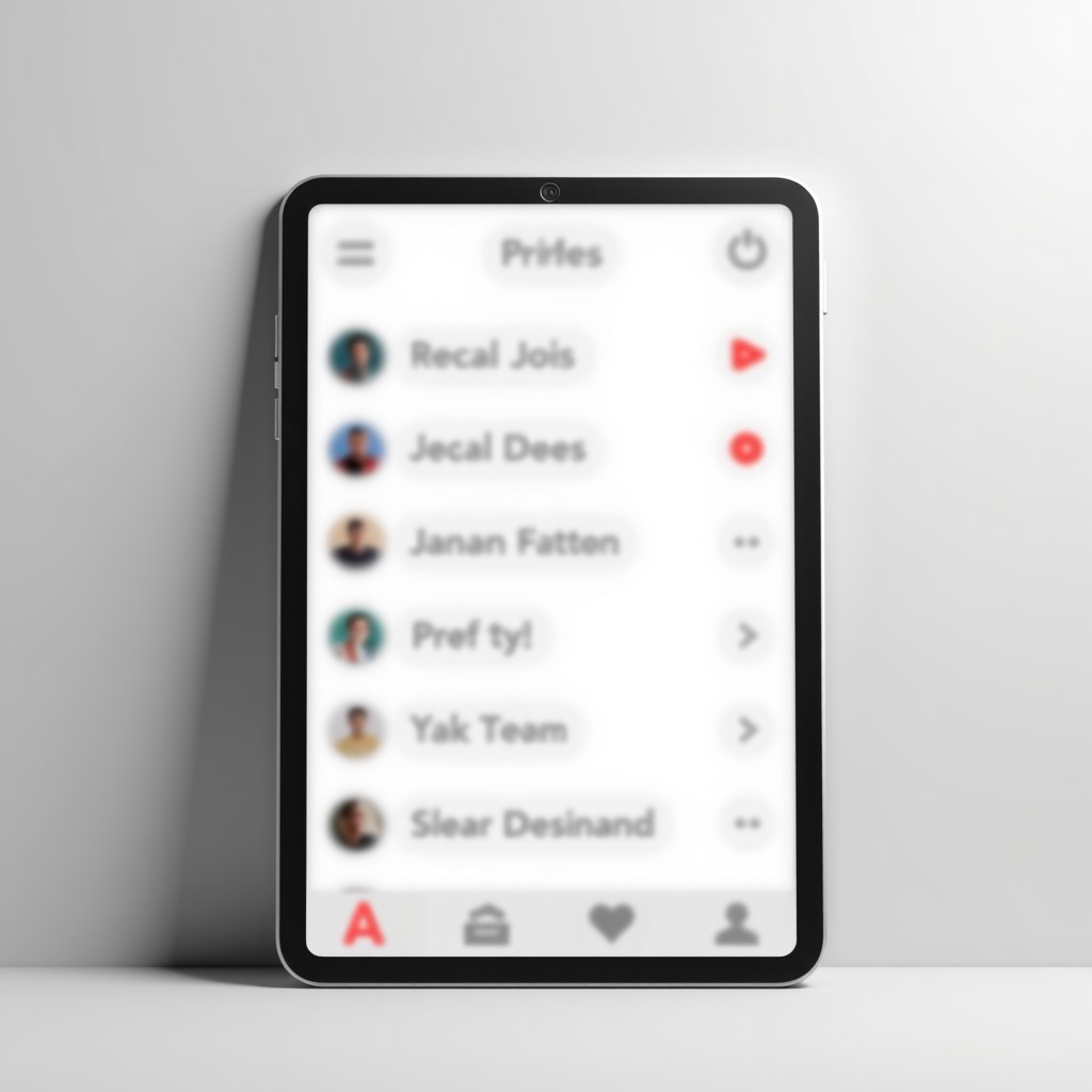 A minimalist tablet mockup displaying a feed of profiles and audio play buttons. Clean white and grey design, soft shadows, professional interface look, 4:3.