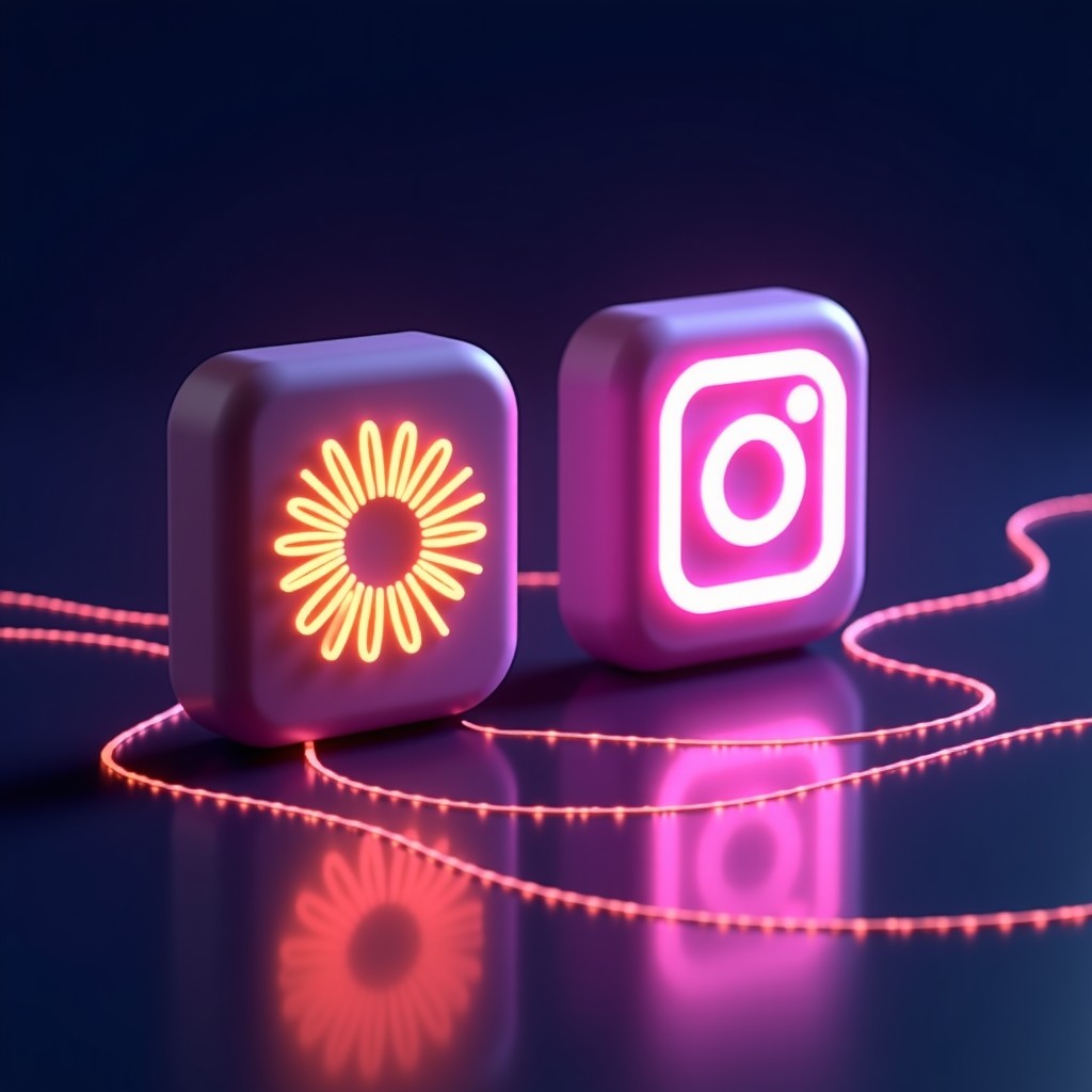 A clean and modern 3D digital illustration showing the Threads logo and Instagram logo connected by glowing fiber optic lines. The background is a sophisticated gradient of purple and dark blue. High contrast, professional tech aesthetic. 1:1