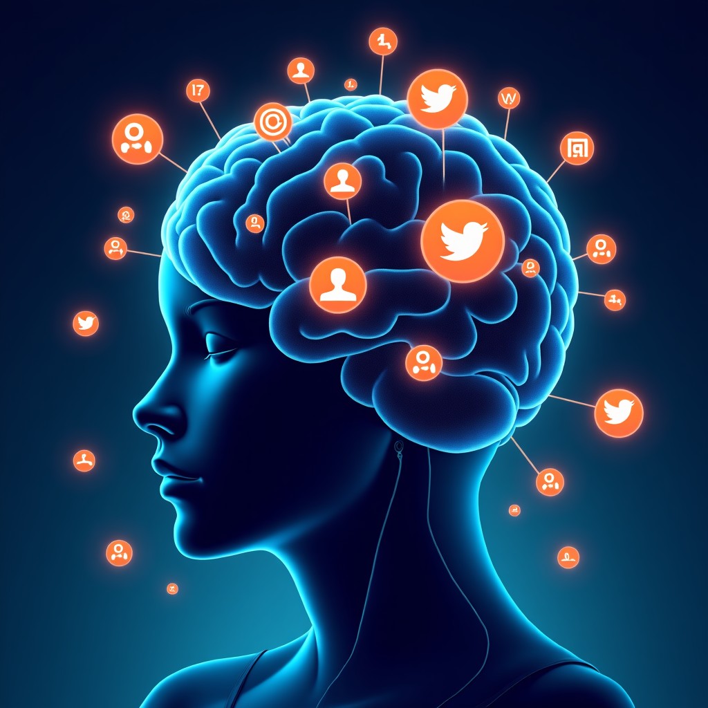 A conceptual illustration of an artificial intelligence neural network shaped like a human brain, with various cultural icons and social media profiles floating around, dark aesthetic with neon blue and orange accents, futuristic and detailed, 4:3