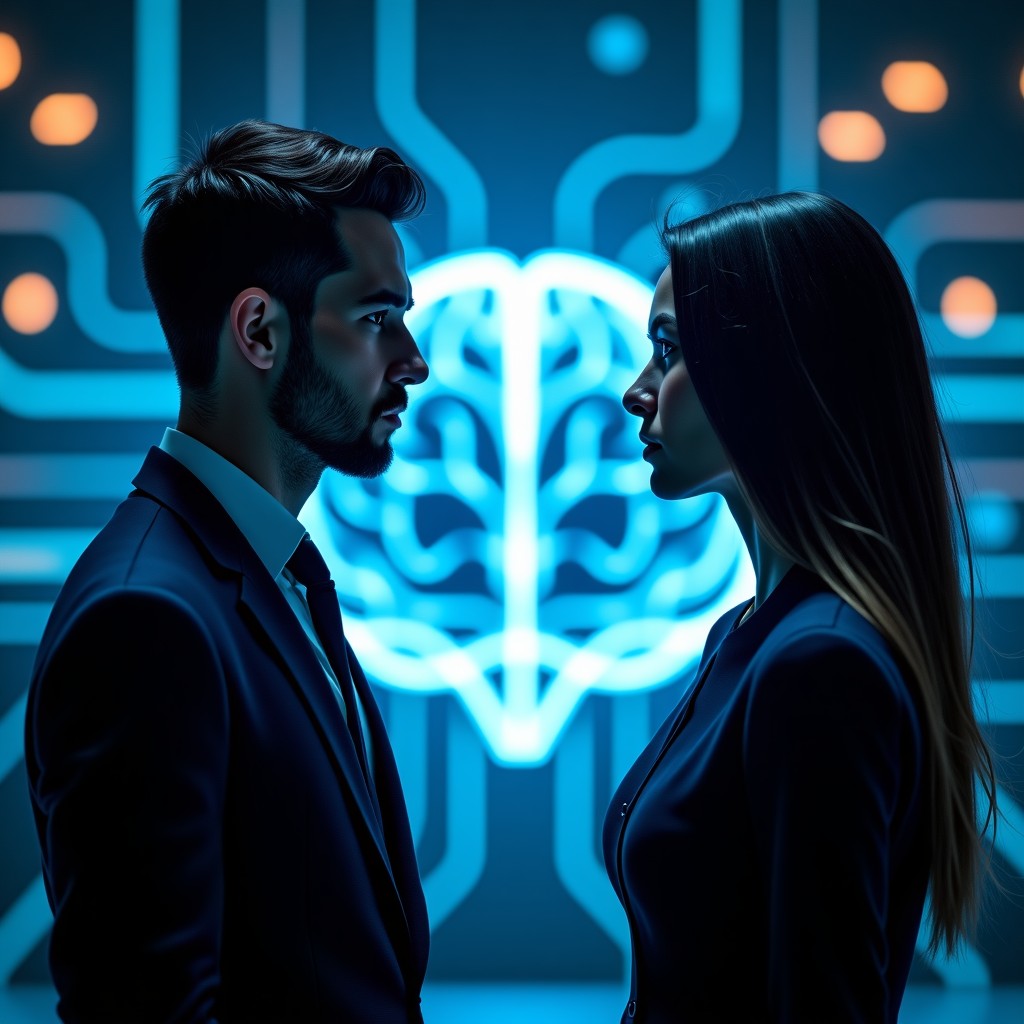 Two high-tech corporate leaders in a tense standoff with a futuristic digital brain in the background symbolizing the conflict between xAI and OpenAI. 4:3