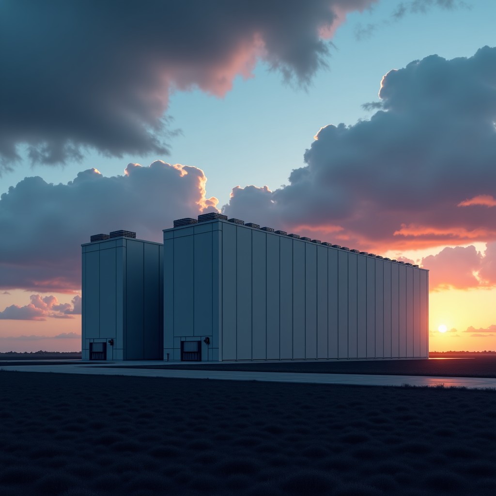A massive modern data center facility located in a flat Illinois landscape under a dramatic sky. The architecture is sleek and industrial with visible cooling systems. Cinematic lighting, high resolution, 4:3 aspect ratio.