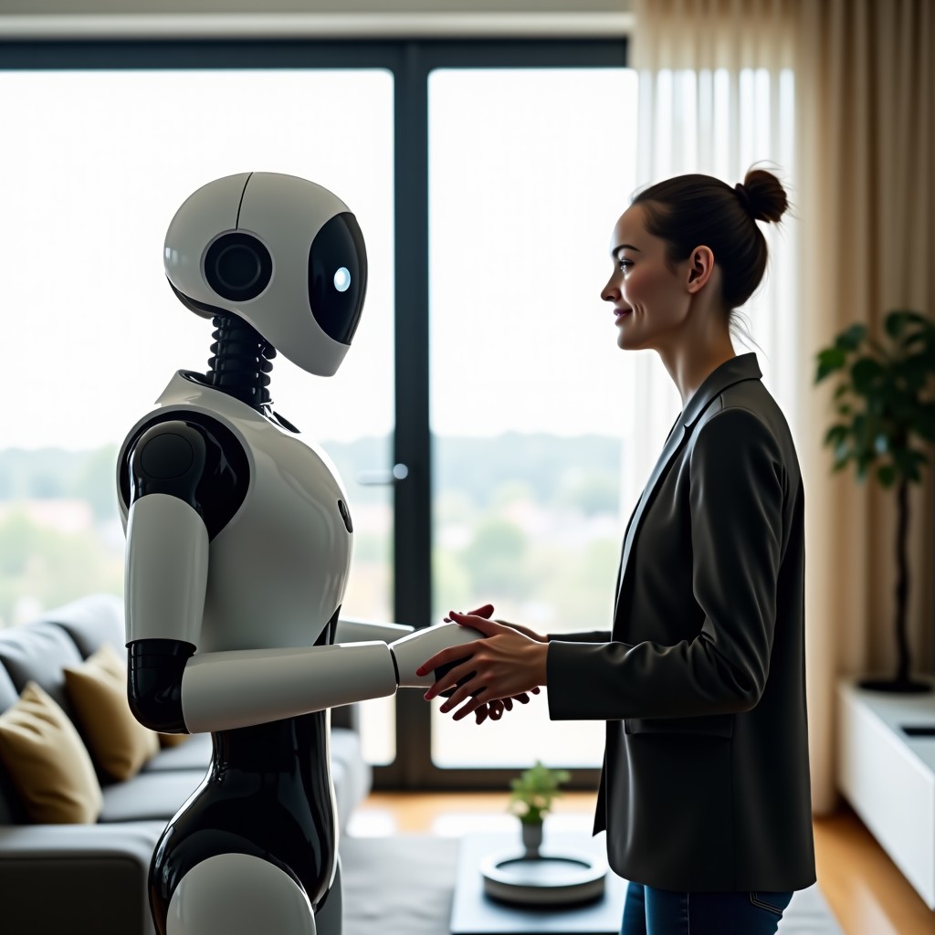 A sleek humanoid robot assisting a person in a modern bright living room environment, friendly interaction, natural daylight, futuristic lifestyle photography, 4:3, no text.