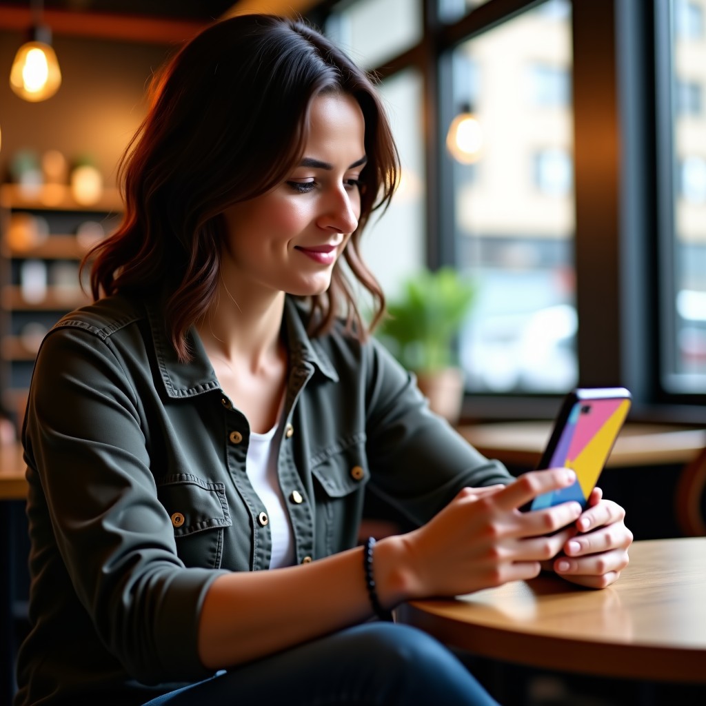 A person using a colorful smartphone while sitting in a trendy cafe, natural indoor lighting, lifestyle photography, focused on the device. 1:1