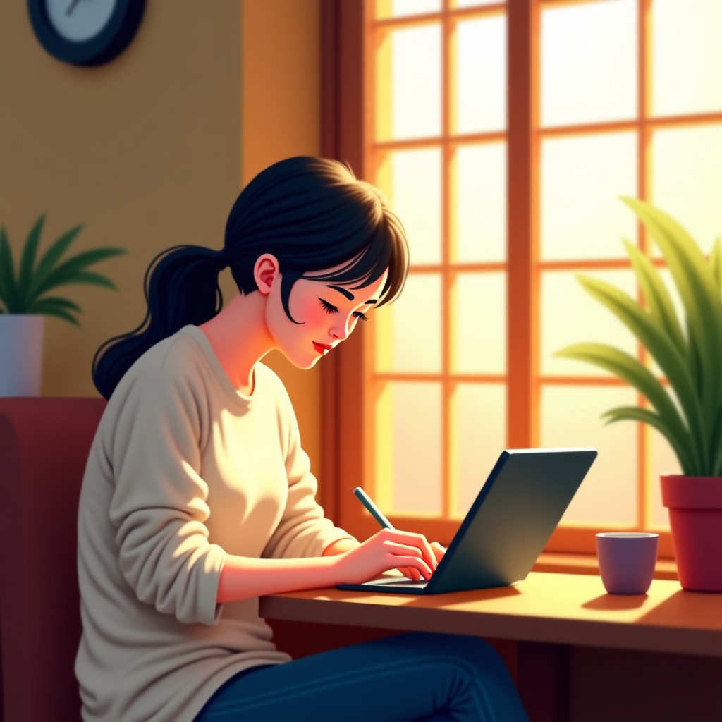 A Korean person sitting in a cozy cafe using a tablet to create digital art, natural sunlight through the window, warm and inviting atmosphere, lifestyle photography, 1:1