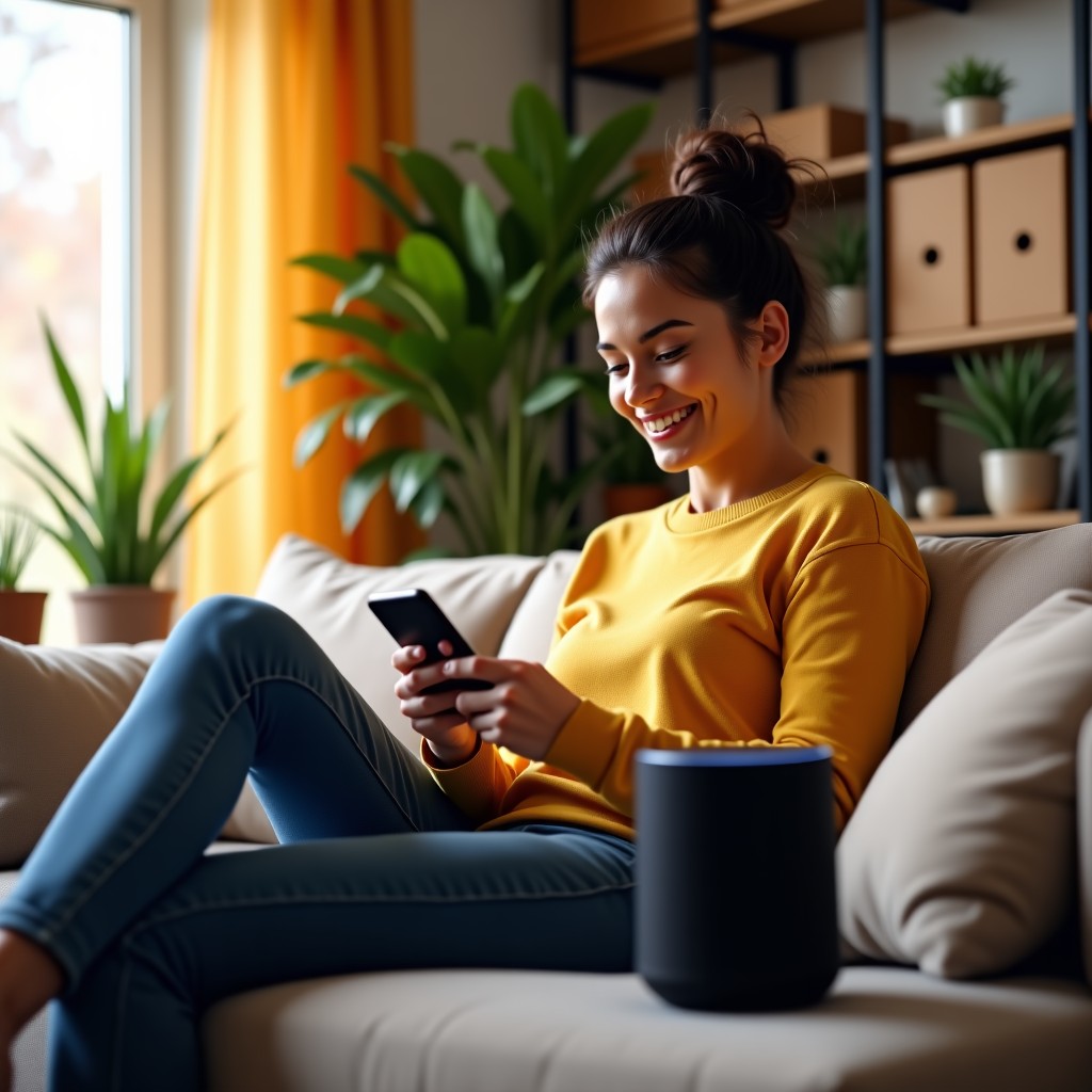 A happy person sitting on a sofa in a modern living room holding a smartphone and looking at a smart speaker nearby. Bright and cozy atmosphere with interior plants and warm lighting. 4:3