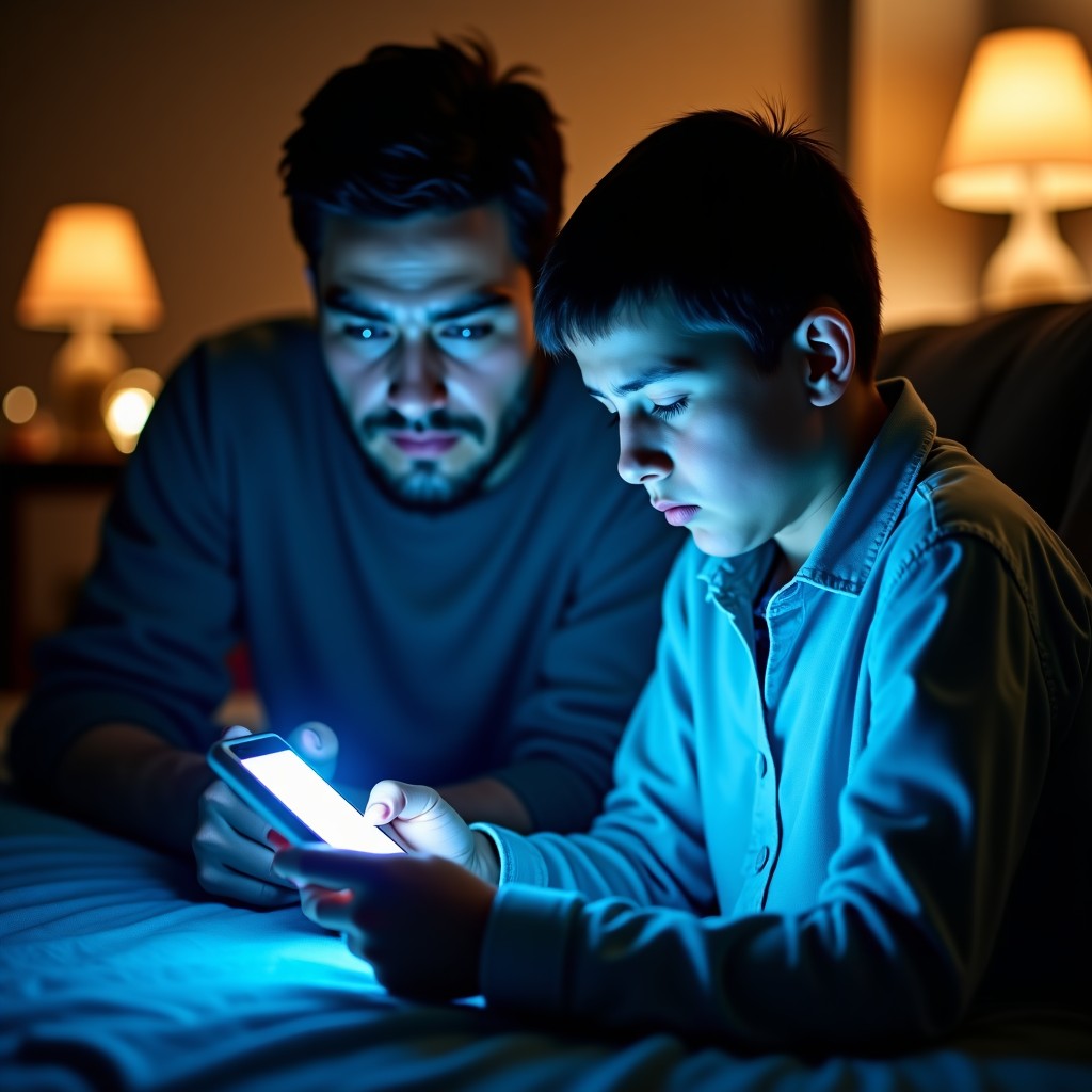 A worried parent looking at their teenage child from a distance. The teenager is completely absorbed in their phone, and a digital aura suggests a connection to an AI. Contrast between the warm family environment and the cold blue light of the device. High quality, emotional atmosphere. 4:3