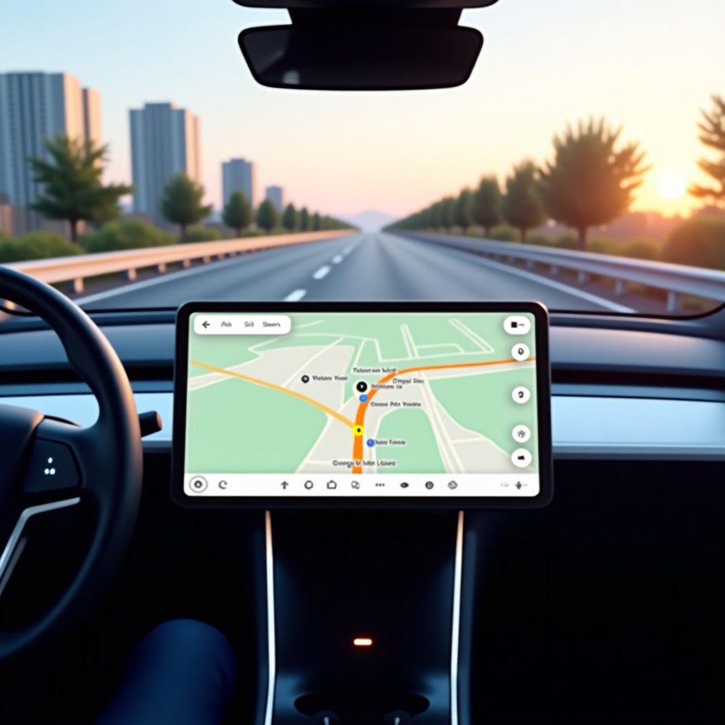 Inside a modern electric vehicle showing a large center touch screen displaying a Google Maps navigation interface with a route through a futuristic Korean city landscape. Warm interior lighting with a focus on the screen. No text on screen. Realistic photography. 4:3