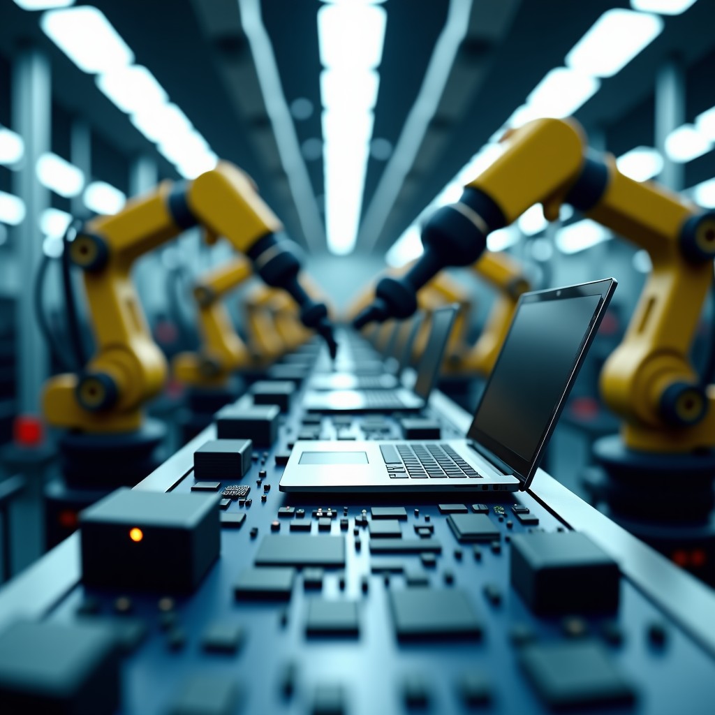 A sophisticated automated laptop assembly line in a clean high tech factory. Robotic arms assembling computer components with precision. Soft industrial lighting realistic cinematic atmosphere. 4:3