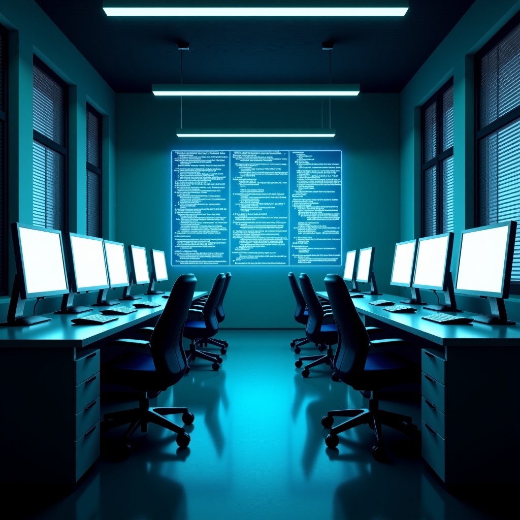 A deserted modern office space with glowing digital screens displaying complex code, symbolizing automated white-collar work, moody lighting, cinematic atmosphere, 4:3