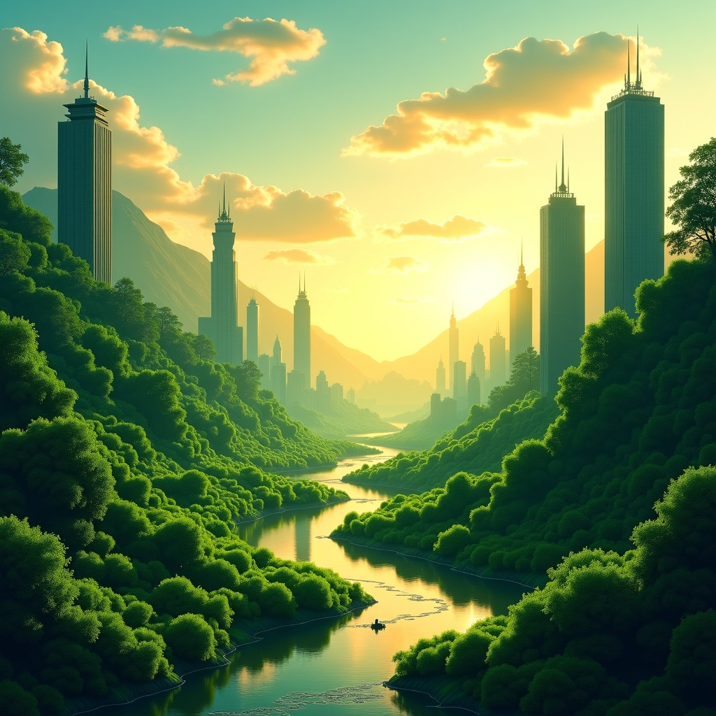 A lush green city landscape where advanced technology and nature coexist in balance, beautiful sunset lighting, 1:1