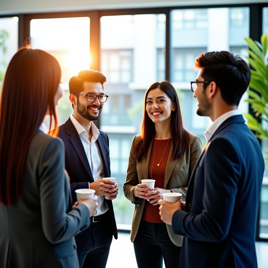 A group of diverse professional men and women including individuals with Korean features having a natural conversation in a sunlit modern glass atrium, holding coffee cups, smiling, networking business setting, 4:3