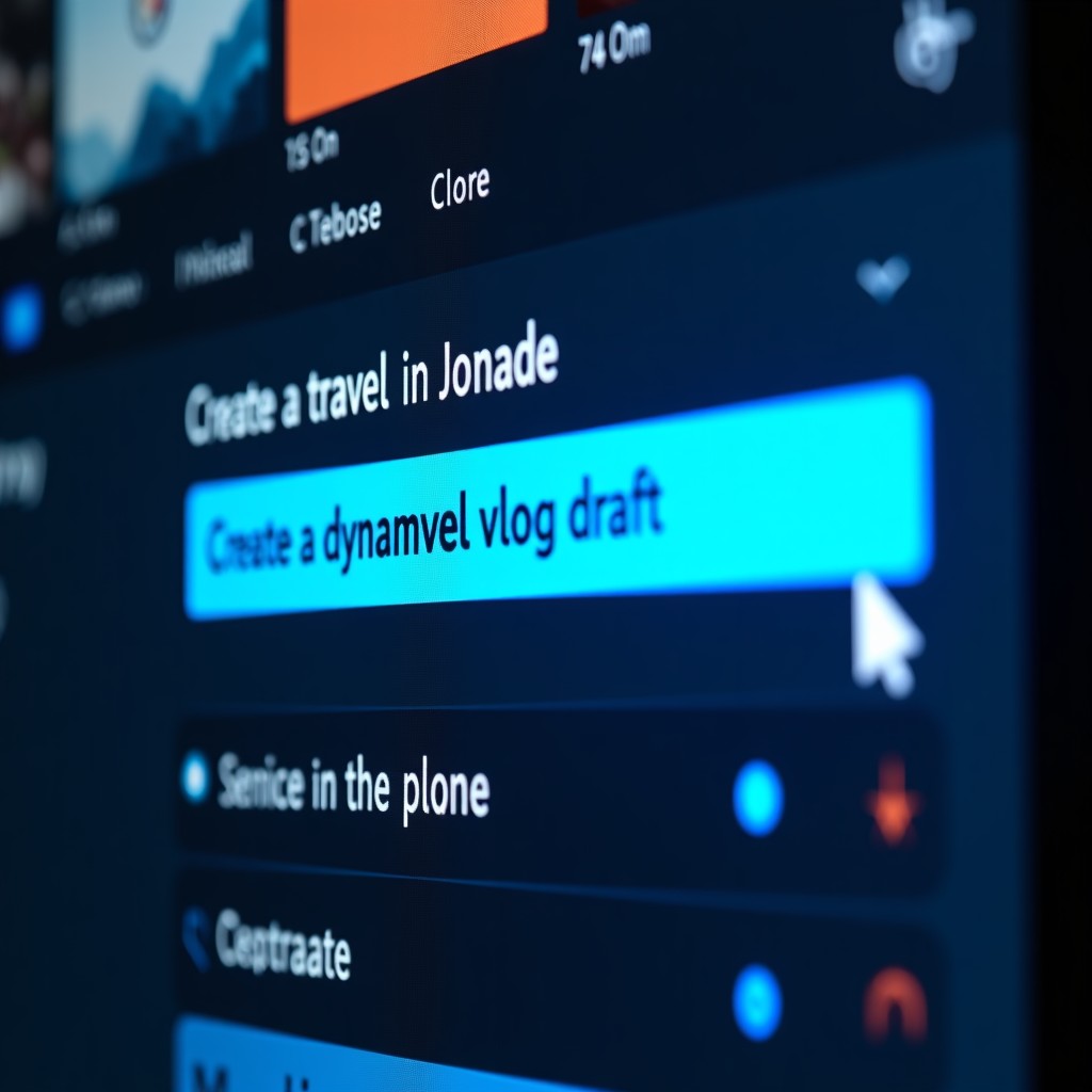 Close up of a sleek video editing software interface with a prominent text input box saying 'Create a dynamic travel vlog draft', glowing blue cursor, futuristic UI design, 4:3