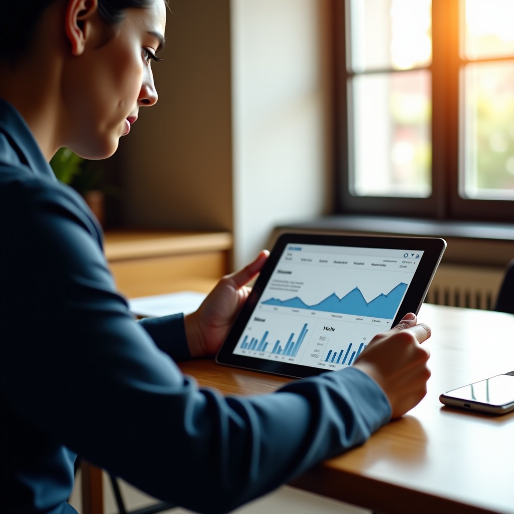 A professional person in a modern workspace interacting with a minimalist digital tablet showing abstract data visualizations. Warm and natural indoor lighting. Focus on the ease of technology use. 1:1