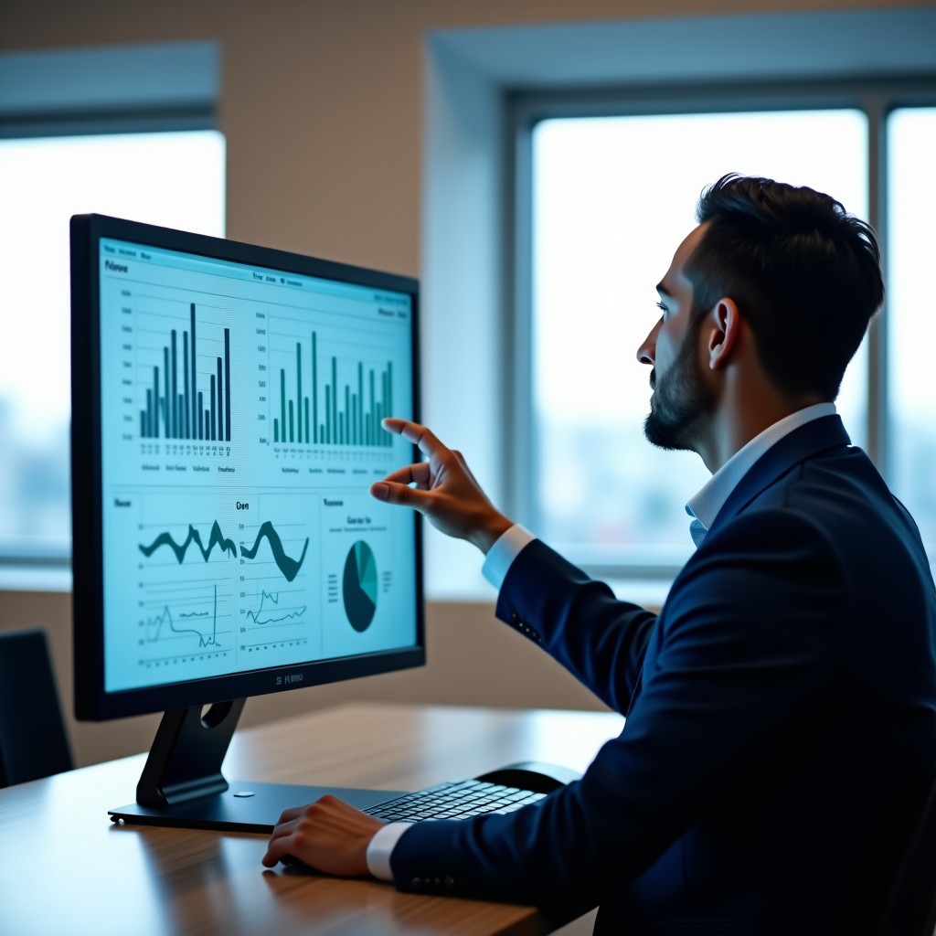 A modern and bright office setting where a professional is speaking naturally to a transparent glass computer screen displaying complex data visualizations. No visible keyboard, focusing on natural interaction and clean design. 4:3