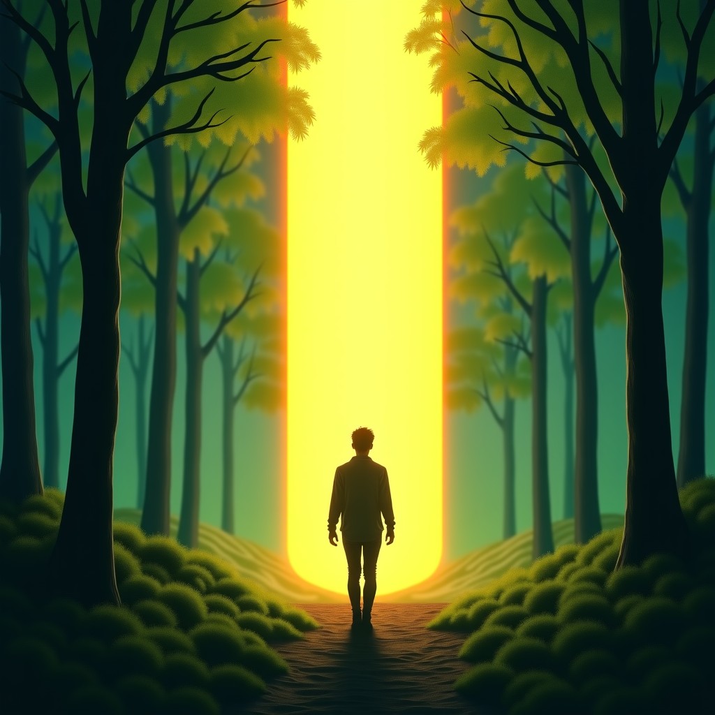 A person walking away from a glowing digital screen towards a bright and lush green forest at sunrise, cinematic lighting, 4:3