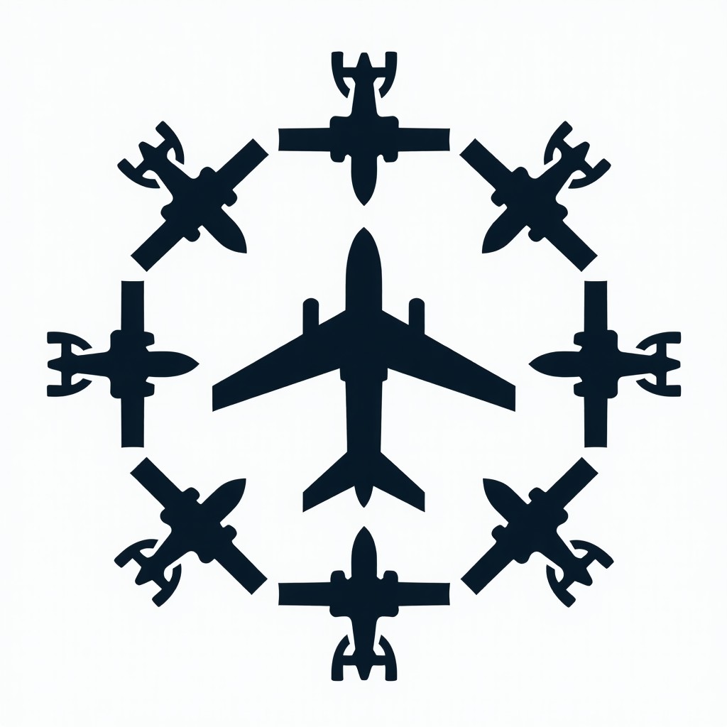 High-tech military drone silhouettes in a digital interface, representing autonomous weapons technology, clean infographic style, 1:1