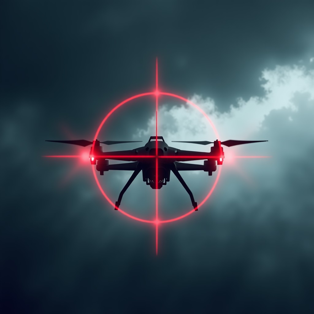A symbolic representation of a high-tech autonomous military drone flying through a dark stormy sky, digital red crosshair overlay, no human operator visible, futuristic and slightly ominous atmosphere, high contrast, no text, 4:3