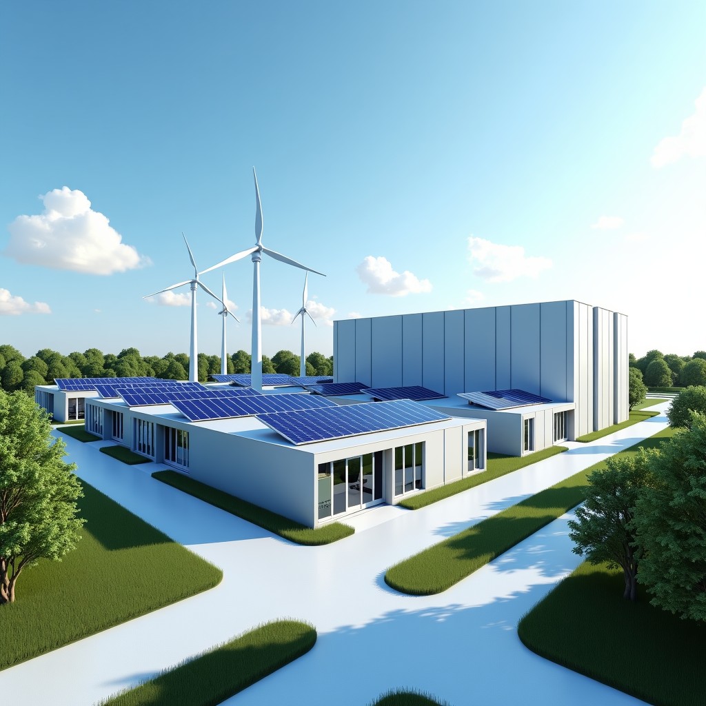 A modern data center complex with integrated solar panels and wind turbines, clean architectural design, bright daylight, realistic environment, 4:3
