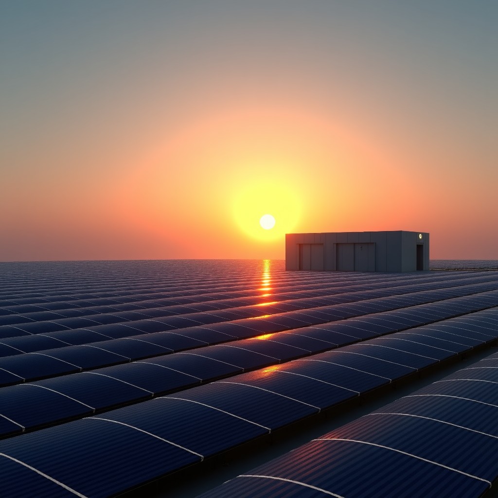 A wide landscape showing a massive solar farm in India integrated with a modern data center building, sunset lighting, high contrast, clean energy concept, 4:3