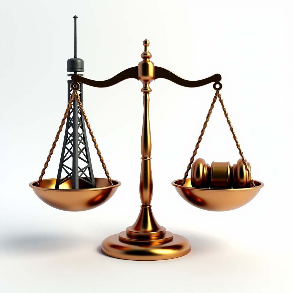 Conceptual illustration of a broadcast tower on one side of a scale and a judge's gavel on the other side, representing law and media balance, clean 3D render, high contrast 1:1