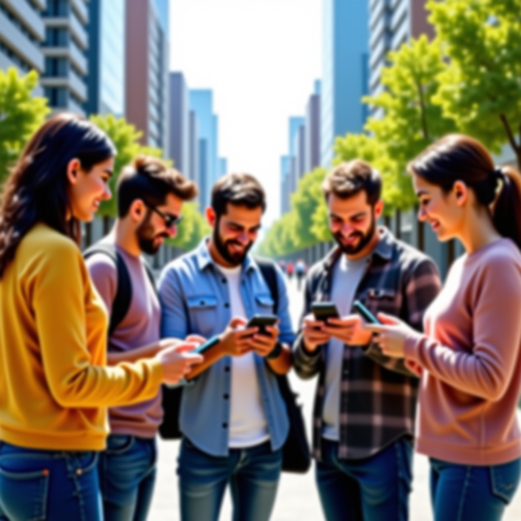 A diverse group of people from different ethnicities looking at their phones and talking excitedly in a bright modern urban plaza. Natural lighting, vibrant colors, wide composition, 4:3.