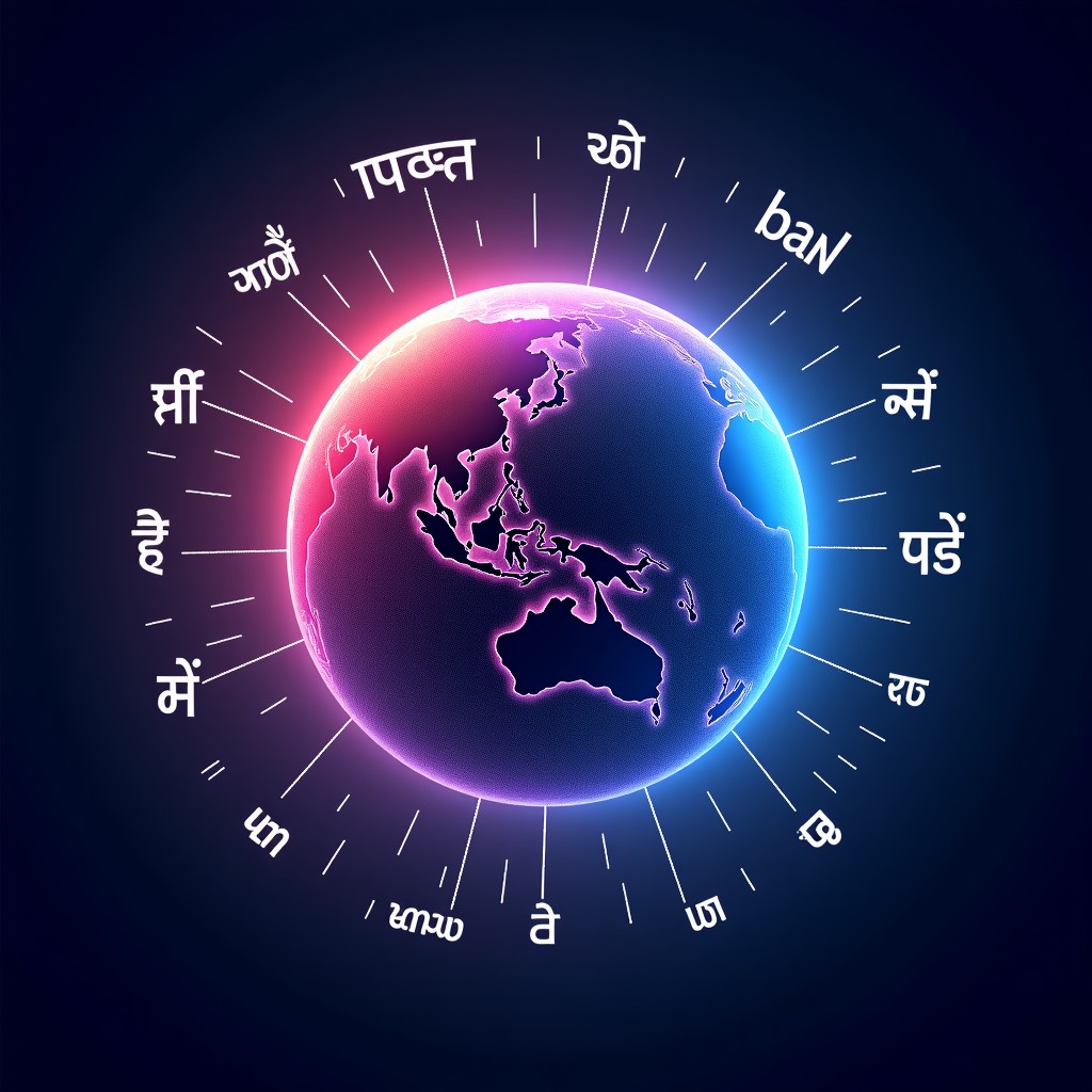 A glowing digital globe surrounded by flowing streams of data representing different scripts and alphabets like Hindi, Arabic, and Latin characters, vibrant colors, futuristic technology concept, dark background with neon blue and purple accents, 4:3