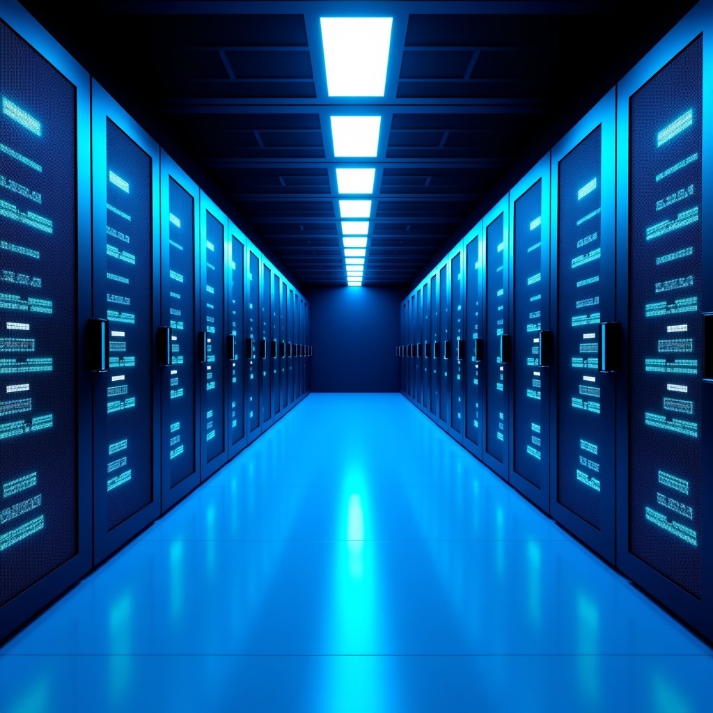 An expansive modern data center with rows of glowing servers, blue ambient light, representing the foundation of internet security and trust, 4:3