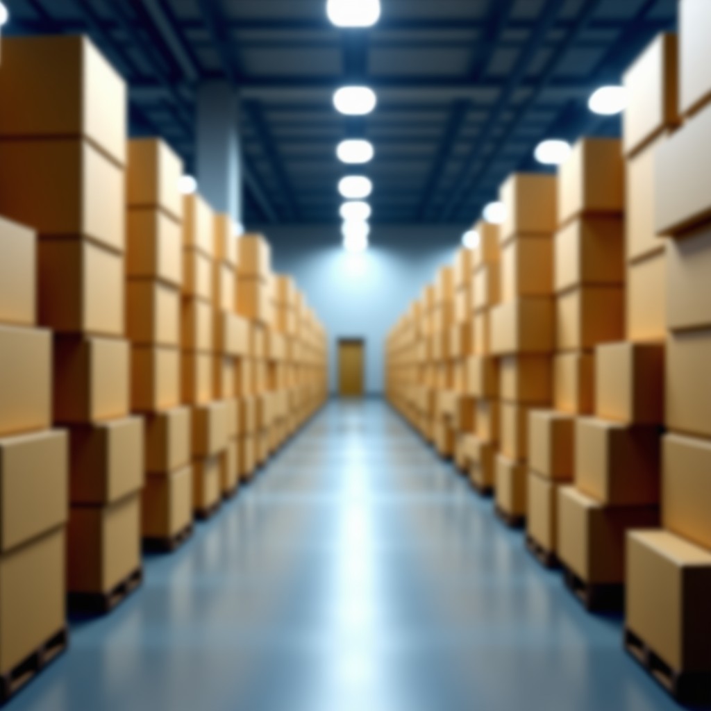 Rows of neatly stacked cardboard boxes in a high-tech logistics warehouse, professional lighting, representing global ecommerce and shipping, 4:3