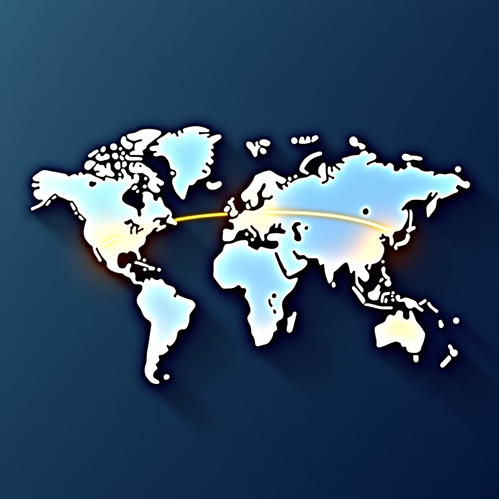 A stylized world map showing connections between major cities like New York London and Paris with glowing lines. Representing global expansion of a service. Clean flat design with a professional blue and yellow theme. 1:1