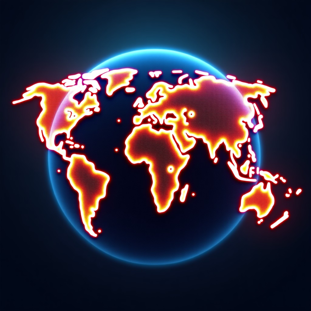 A glowing digital map of the earth with interconnected neural network patterns, representing global scale AI expansion, dark background with vibrant light streaks, 4:3
