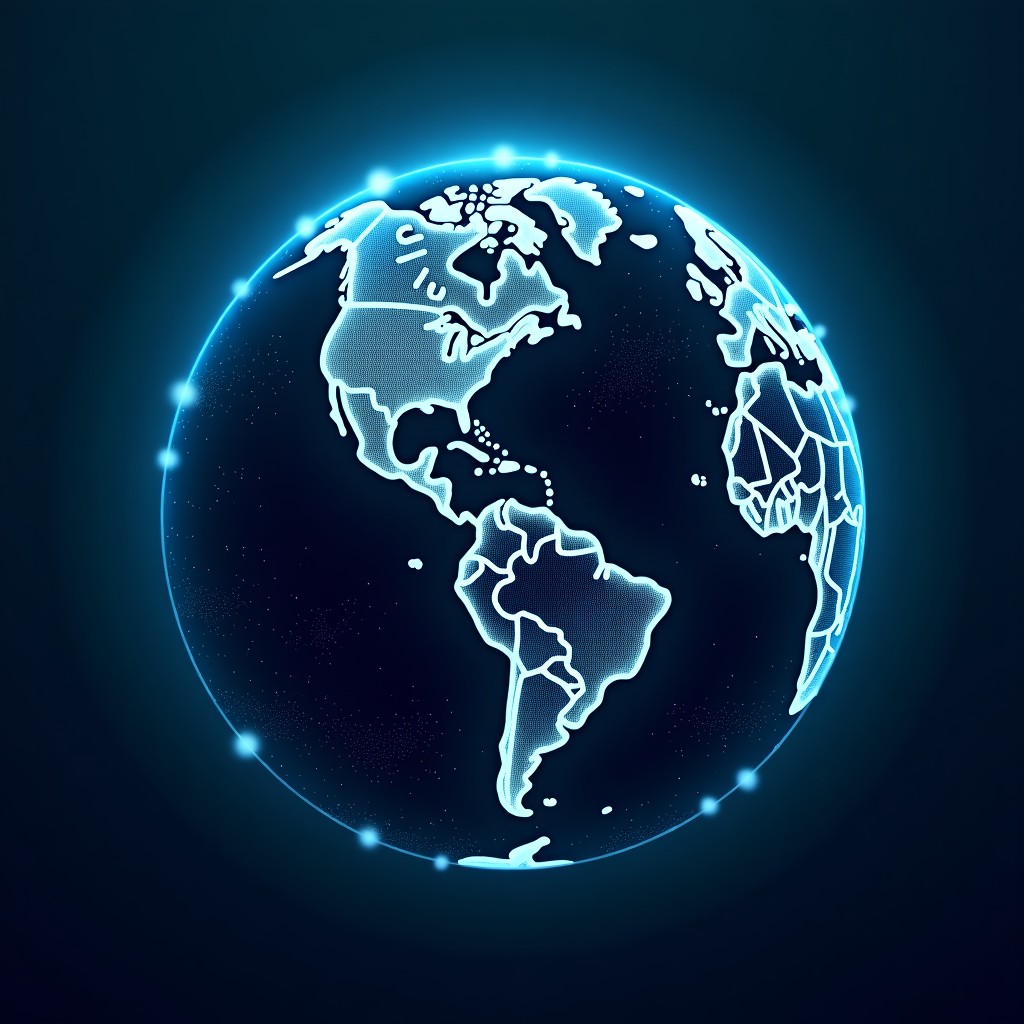 A conceptual illustration of a global digital network. Bright lines of light connect major cities across a dark earth globe. Glowing nodes represent data centers processing AI information. Artistic rendering, deep blue and cyan color palette, 4:3