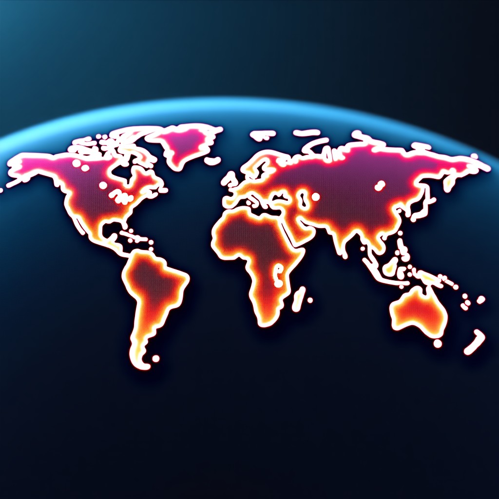 Abstract visualization of global digital networks and data streams connecting different continents, high contrast, vibrant colors, detailed composition, 1:1